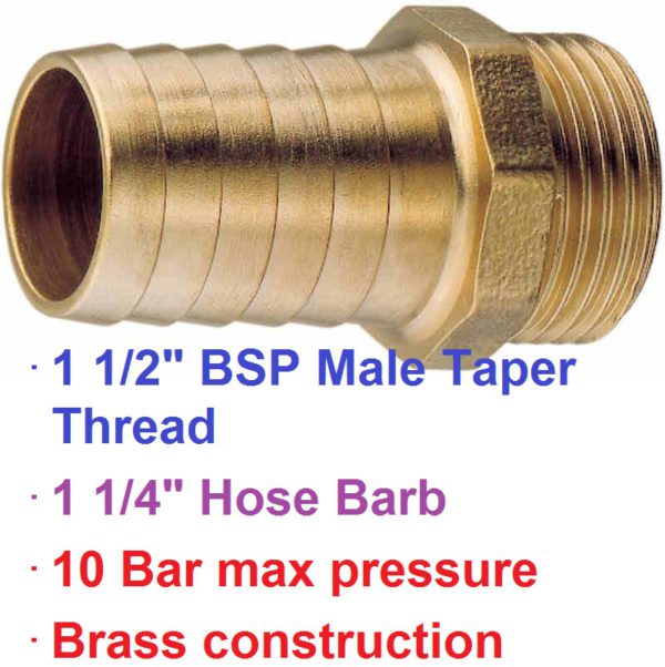 1 1/2" BSP Male x 1 1/4" Brass Hose Barb 1-76048