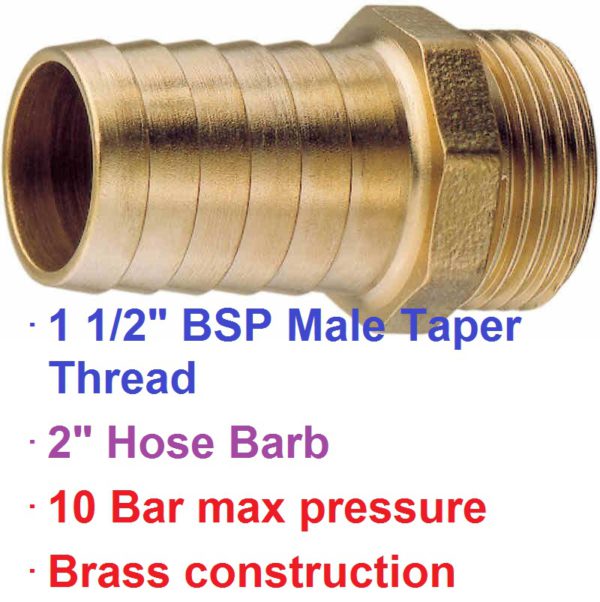 1 1/2" BSP Male x 2" Brass Hose Barb 1-76053