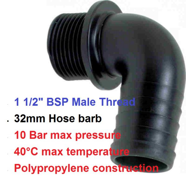 1 1/2" BSP Male x 32mm Hose Tail POLY Elbow 8011352