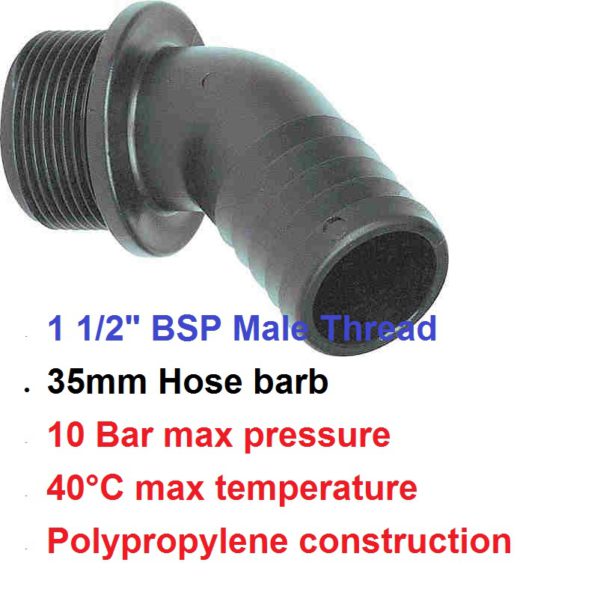 1 1/2" BSP Male x 35mm 45 deg Hose Tail POLY 8014351
