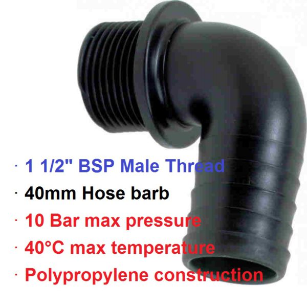 1 1/2" BSP Male x 40mm Hose Tail POLY Elbow 8011355