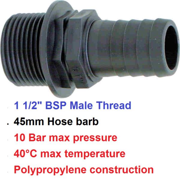 1 1/2" BSP Male x 45mm Hose Tail POLY 8001352