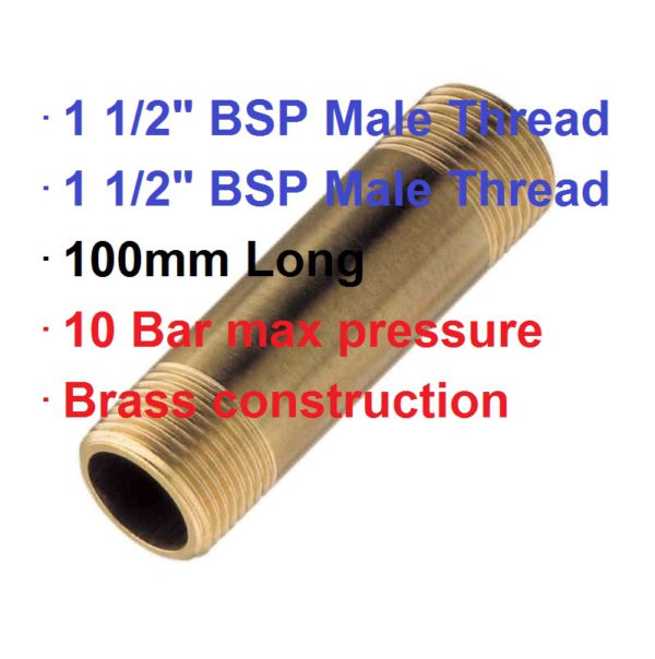 1 1/2" BSP M x 1 1/2" M x 100mm Brass Nipple 1-73115