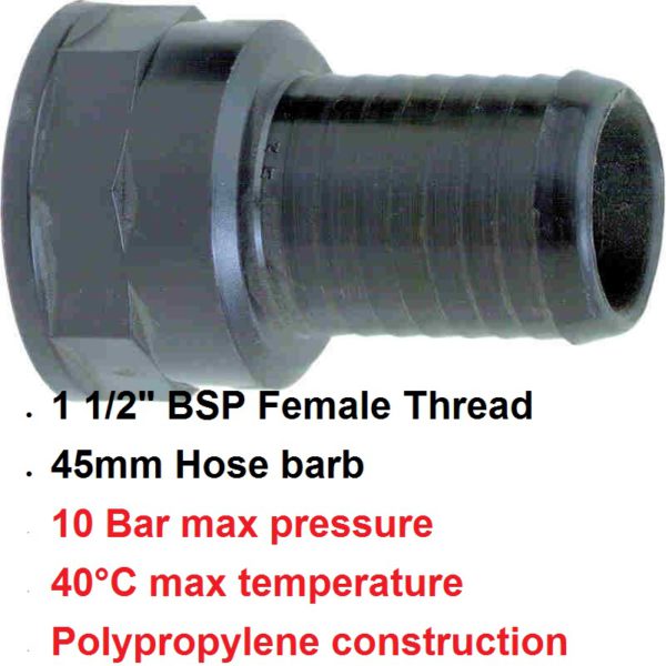 1 1/2" F x 45mm Female Hose Tail POLY BSP 8000353