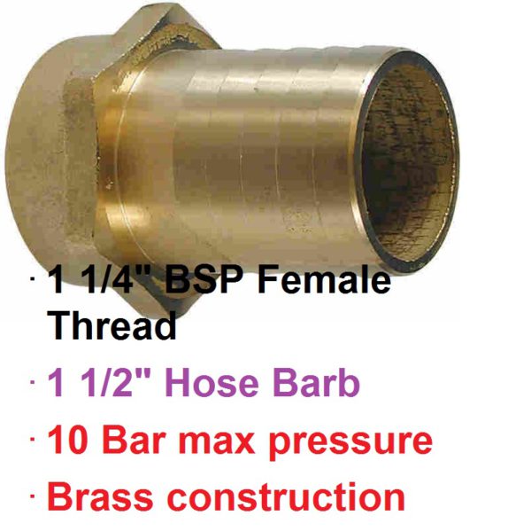 1 1/4" BSP Female x 1 1/2" Brass Hose Barb 1-76143