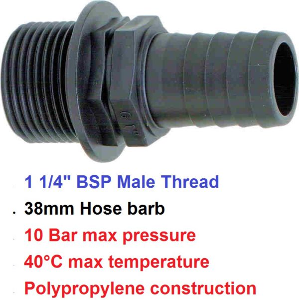 1 1/4" BSP Male x 38mm Hose Tail POLY 8001305