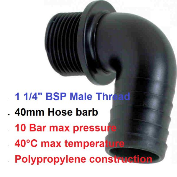 1 1/4" BSP Male x 40mm Hose Tail POLY Elbow 8011304