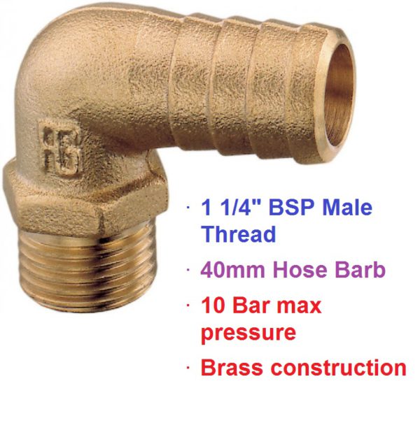 1 1 /4" BSP x 40mm 90 deg Brass Male Threaded Hose Barb 1-72104