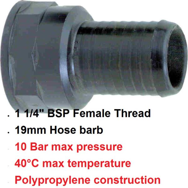 1 1/4" F x 19mm Female Hose Tail POLY BSP 8000301