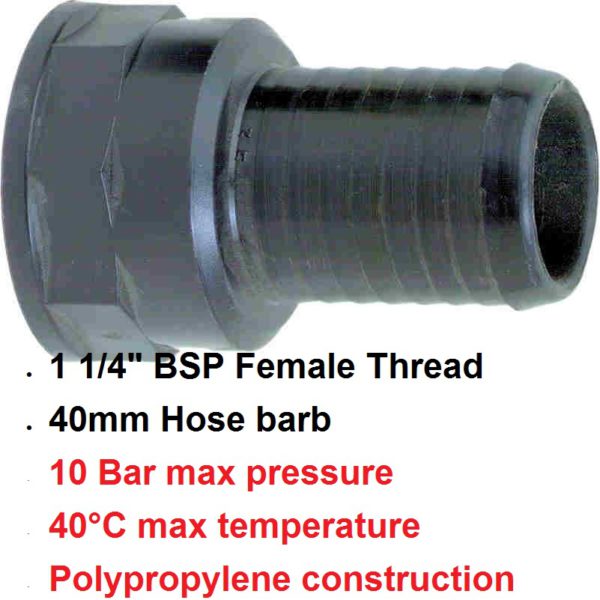 1 1/4" F x 40mm Female Hose Tail POLY BSP 8000307