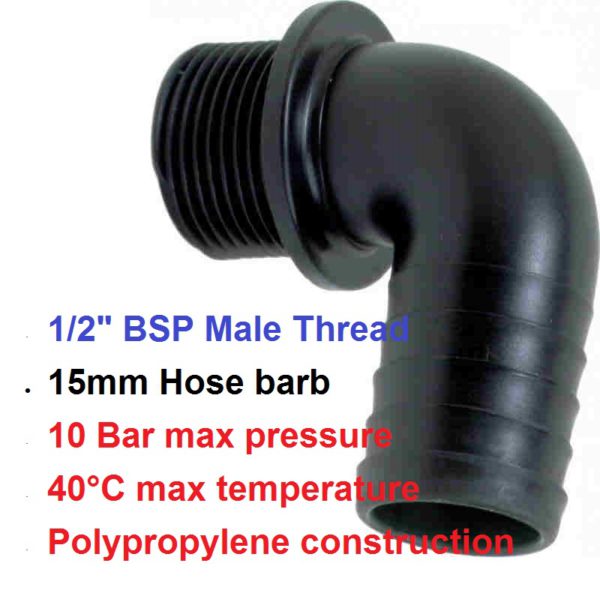 1/2" BSP Male x 15mm Hose Tail POLY Elbow 8011152