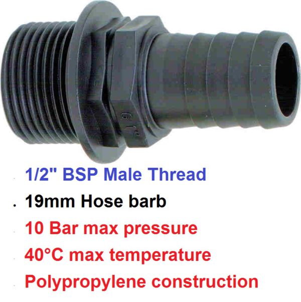 1/2" BSP Male x 19mm Hose Tail POLY 8001153