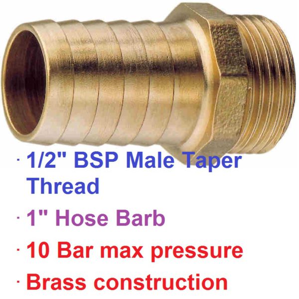 1/2" BSP Male x 1" Brass Hose Barb 1-76015