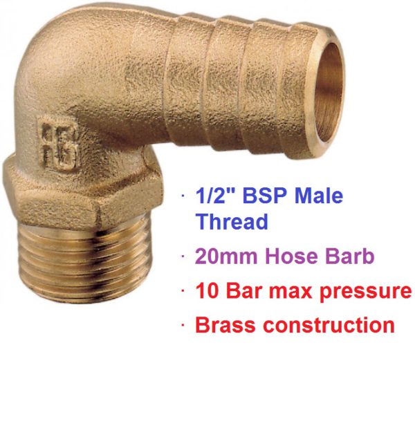 1/2" BSP x 20mm 90 deg Brass Male Threaded Hose Barb 1-72101
