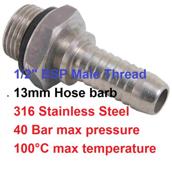 1/2" X 13mm SS Hose Barb RVST013