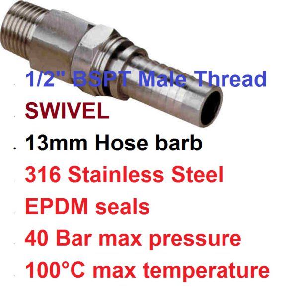 1/2" X 13mm SS Swivel Hose Barb SWIFB13