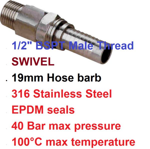 1/2" X 19mm SS Swive Hose Barb SWIFB19