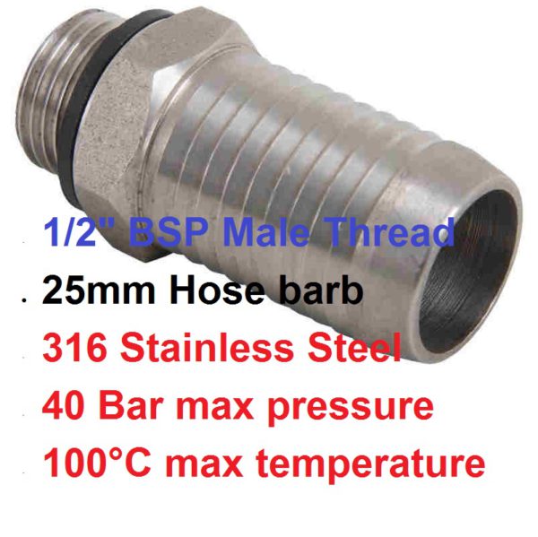 1/2" X 25mm SS Hose Barb RVST025