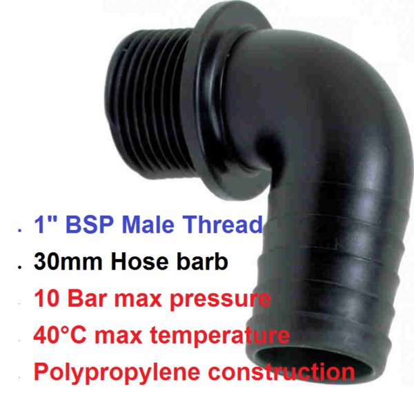1" BSP Male x 30mm Hose Tail POLY Elbow 8011252