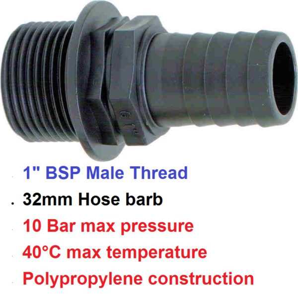 1" BSP Male x 32mm Hose Tail POLY 8001254