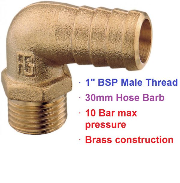 1" BSP x 30mm 90 deg Brass Male Threaded Hose Barb 1-72103