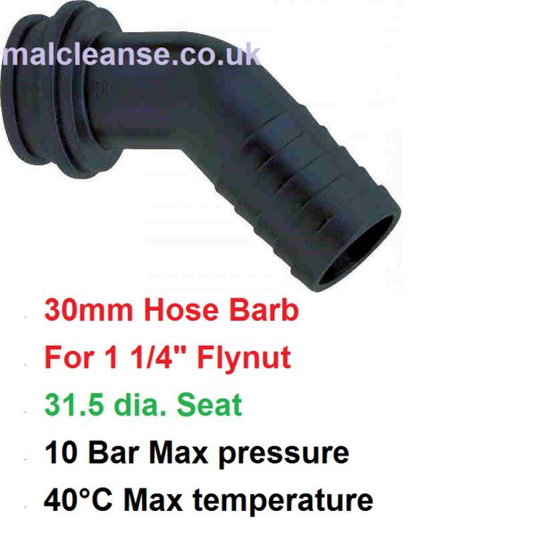 30mm Barb Hose Tail 45 Deg for 1 1/4"  Flynut 8015300