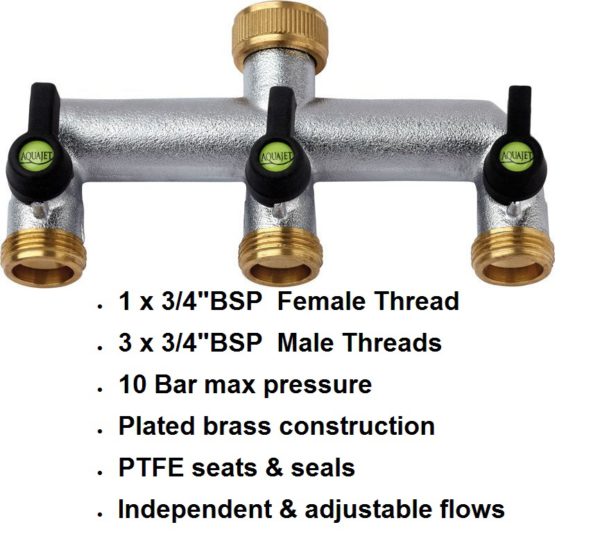 3/4" BSP Brass 3 Way Manifold with Valves Connector 400-1080