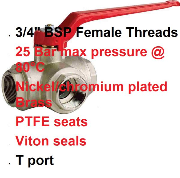 3/4" BSP FxFxF "T" Port 3 Way Brass Tap 400-1043
