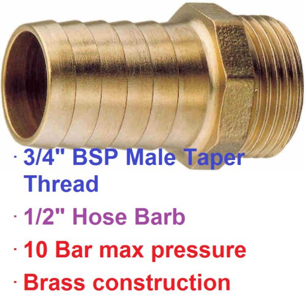 3/4" BSP Male x 1/2" Brass Hose Barb 1-76018