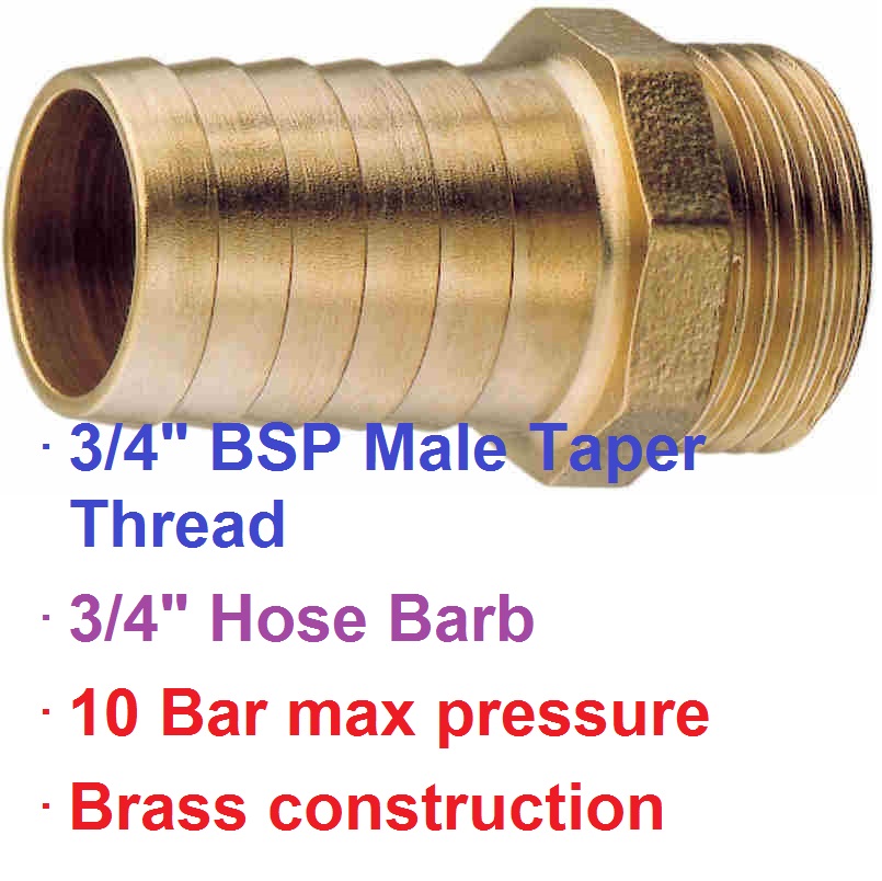 Brass 3/4" Male BSP Thread to 1" Hose Tail Fitting 