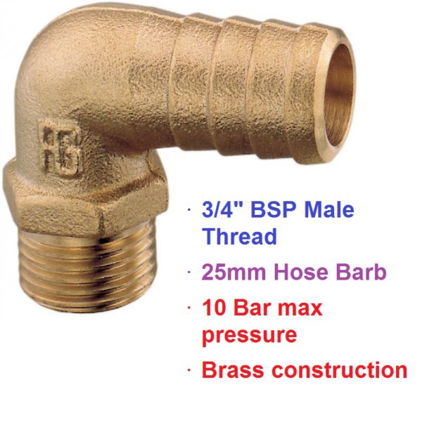 3/4" BSP x 25mm 90 deg Brass Male Threaded Hose Barb 1-72102