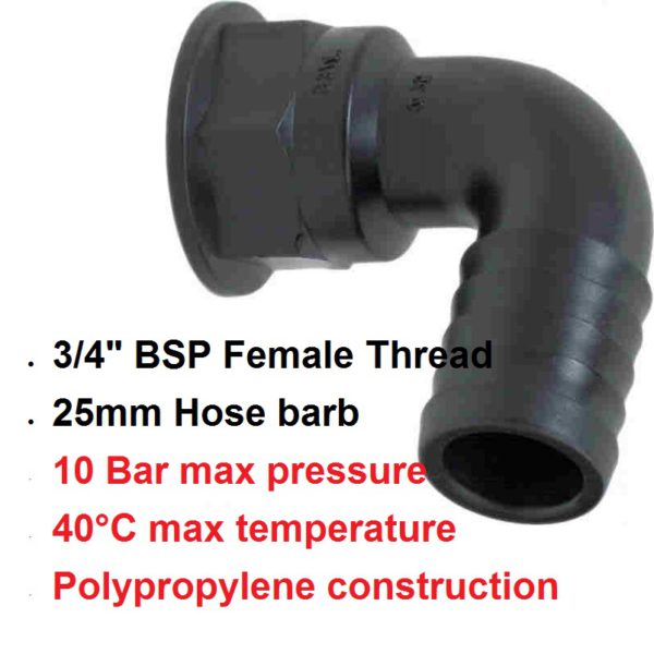 3/4" F x 25mm Hose Tail Elbow POLY 8010203