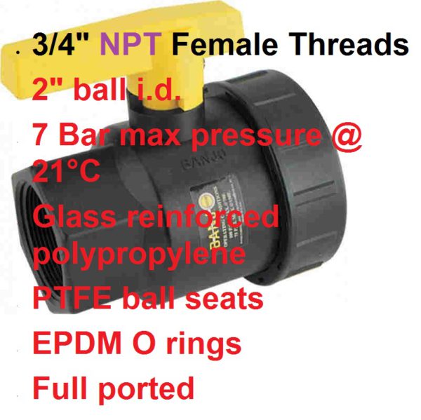 3/4" NPT Female Polypropylene Ball Valve UV075FP