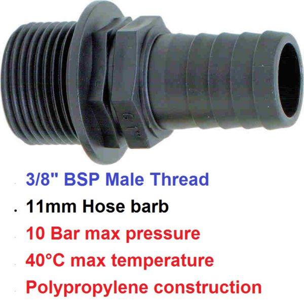 3/8" BSP Male x 11mm Hose Tail POLY 8001101